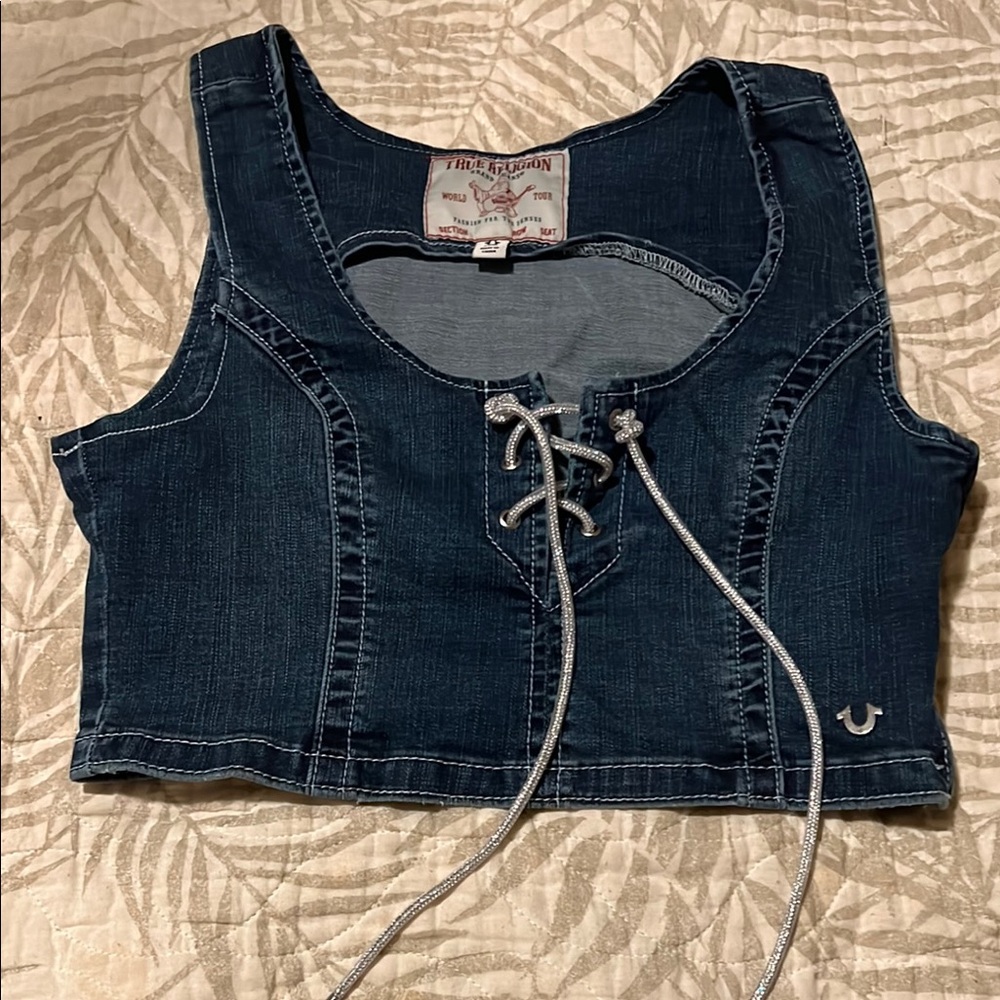 True Religion Women's Blue Denim Crop Top and jeans zipper on the left side
